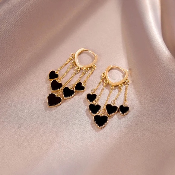 “Cross My Heart” Hoop Gold Black Heart Valentines Date Dangle Gift Cute Earrings - Picture 2 of 6